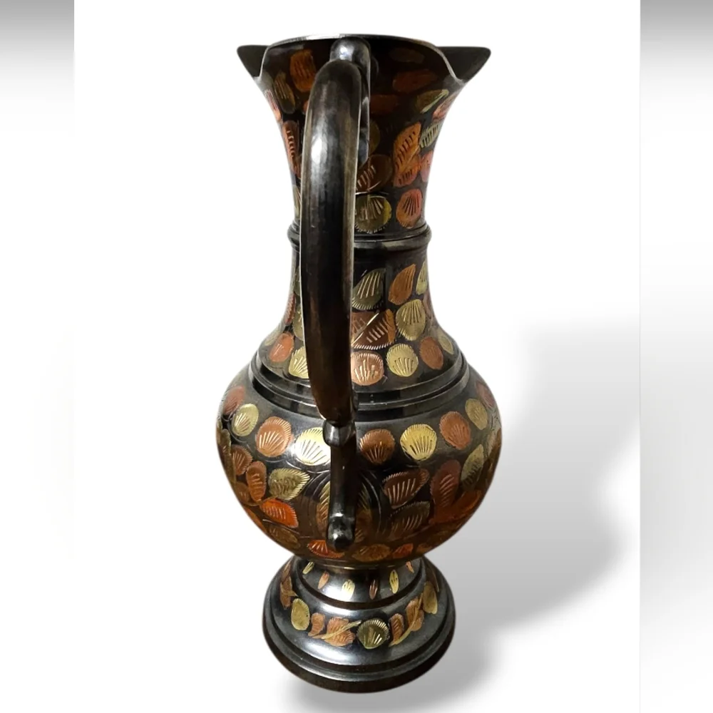 Antique Mid-Century MCM Copper Solid Brass Pitcher Etched Floral Ewer Vase VTG